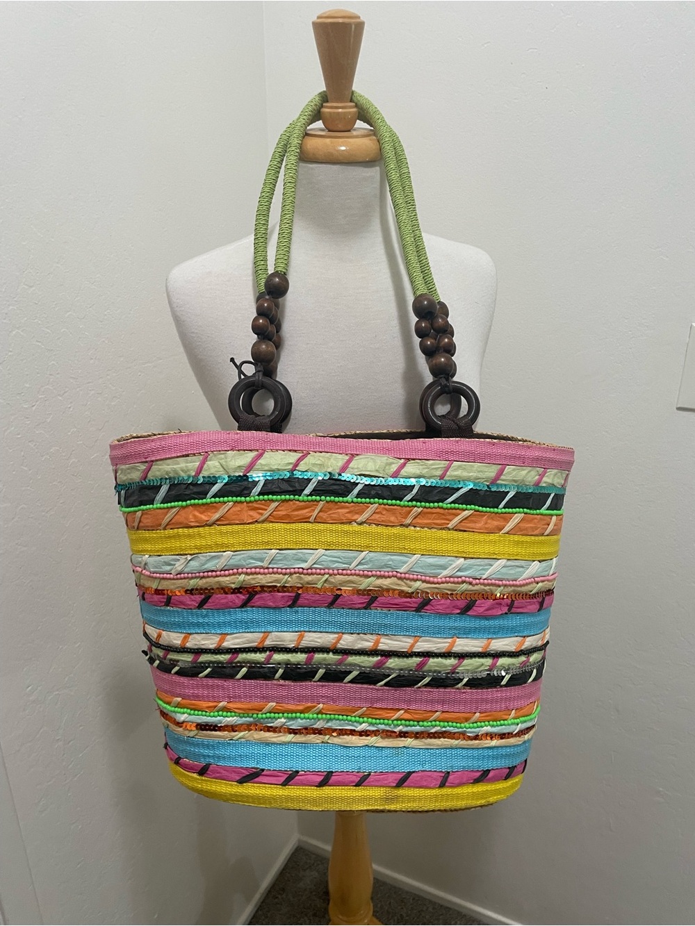 Chico's x-large Straw Tote Bag with brown lining Boho Market Basket Purse